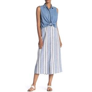 Max Studio Blue Cotton Linen Blend Striped Button Long Maxi Skirt Sz XL ***